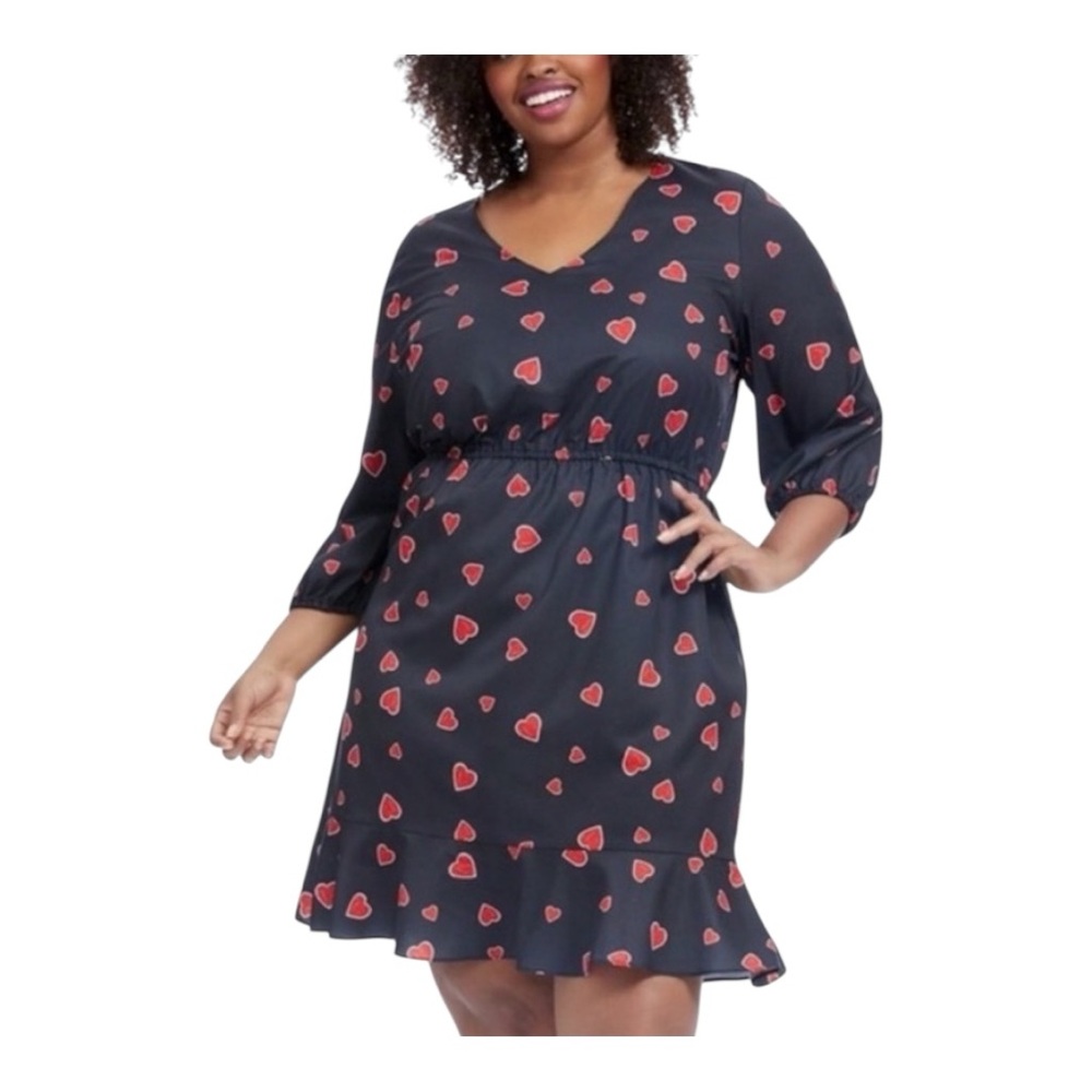 Hutch Heart Print Knee Length Fit & Flare Black Office Party Matte Satin Dress